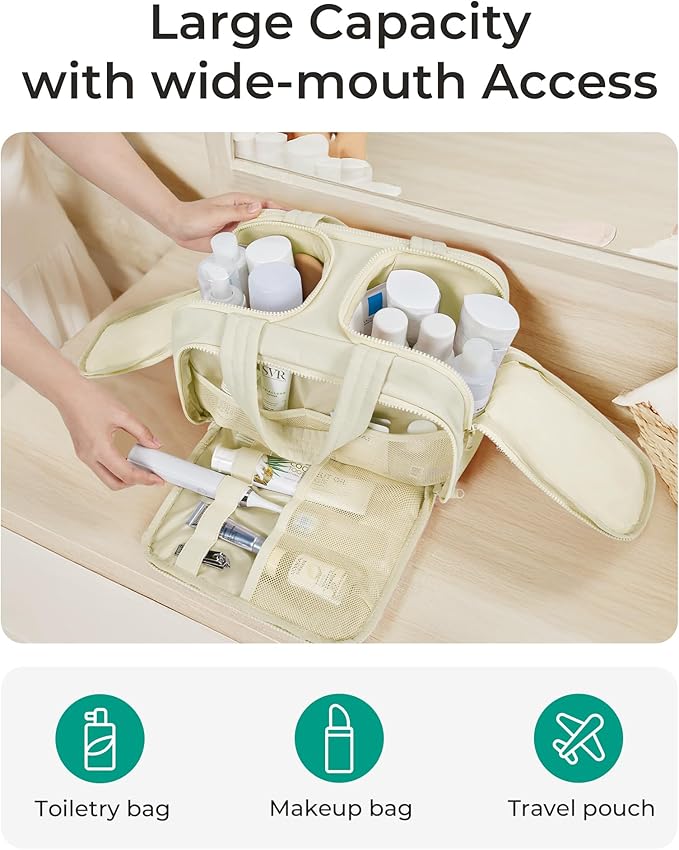 BAGSMART Travel Toiletry Bag, Crush Toiletry Bag for Women, Wide-open Puffy Toiletry Bags for Traveling, Large Travel Cosmetic Makeup Bag Organizer for Accessories,Toiletrie, Beige