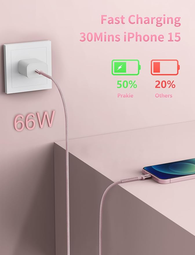 USBC Cable 10FT, 2Pack Long USBC Fast Charging Cable, Nylon Braided USB C to USB C iPhone Charger Cord Compatible with iPhone 17/16/15/Pro Max/Plus/Samsung Galaxy S23/LG and More-Pink