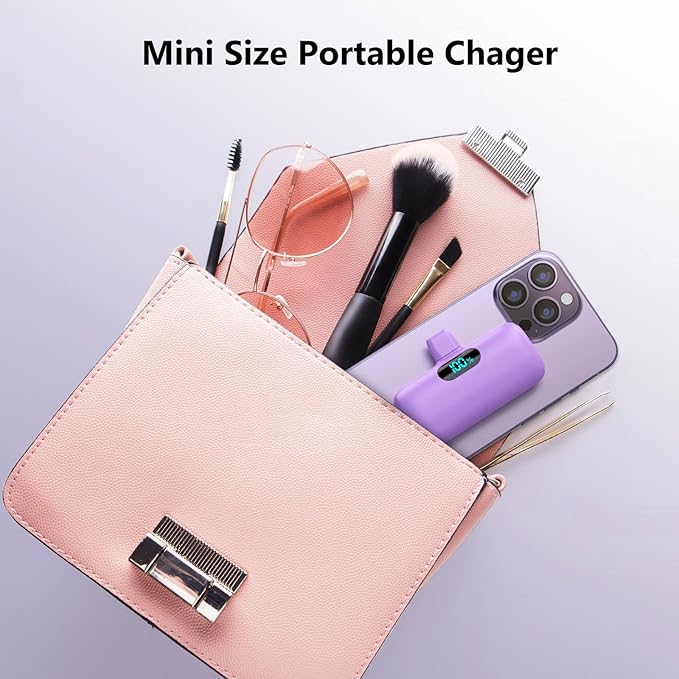 Mini Portable Charger for iPhone,Upgraded 5000mAh PD Fast Charging Battery Pack,LCD Display Cute Power Bank Portable Phone Charger for iPhone 14/14 Pro Max/13/13 Pro/12 Pro/11/XS/XR/X/8/7/6-Purple