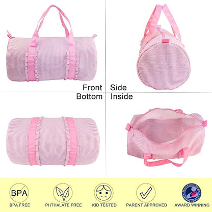 Kids Travel Overnight Bag Seersucker Carry On Lightweight Weekender Duffel Bag for Boys and Girls (Pleated Pink) X-large