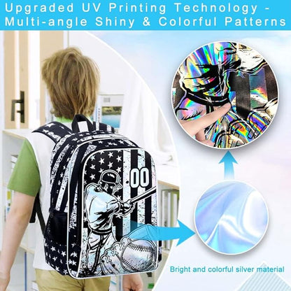 WZLVO 3PCS Boys Baseball Backpack Set, 17" Cool UV Printing Kids Bookbag/School Bag with Lunch Box & Pencil Bag for Elementary to Middle - Star-Spangled Baseball