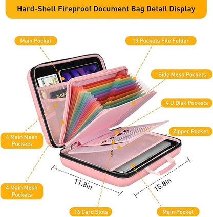 Fireproof Document Organizer with Lock, File Organizer Safe Box Fireproof Waterproof, Hard Shell Fire Proof Document Bag with 13 Pocket Accordion File Folders, Home Storage Office Organization