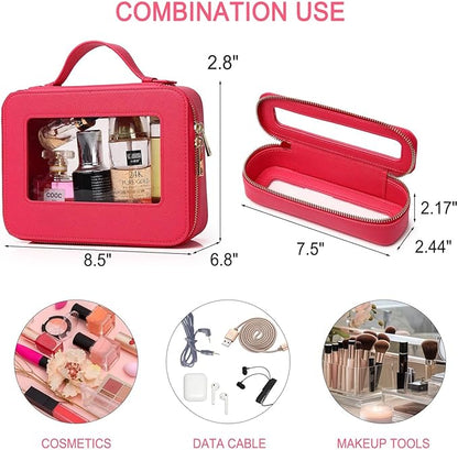 Pinkmik Travel Clear Makeup Bag with Brush Bag Portable Cosmetic Bag Case Transparent Toiletry Bag Cosmetic Organizer Storage Bag for Wome (X/Fuxia, L+SLIM)