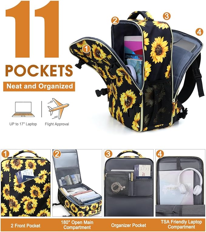 Capolo Travel Backpack for Women Men Waterproof Laptop Backpack Flight Approved Carry On Backpack Overnight Weekender Bag College Bookbag for Business, Work, Traveling Fits 17 '' Laptop,Sunflower