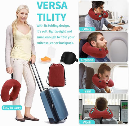 2 Pack Inflatable Travel Neck Pillows for Airplanes, Head Support Velvet Adult Neck Pillows for Long Flight, Kit with Eye Mask, Earplugs and Storage Bag, 2, Red