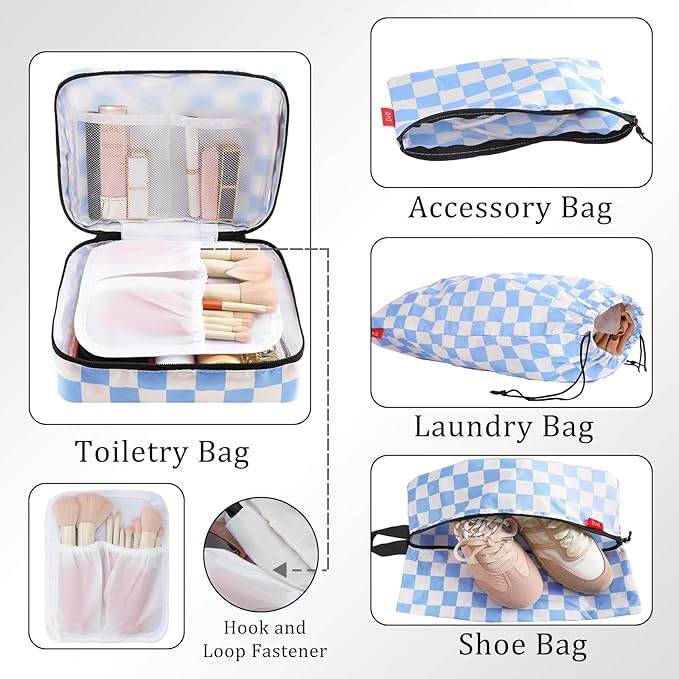 U+U 10 Set Compression Packing Cubes - Ultralight Travel Organizers with Laundry Bag and Cosmetic Bag, Space-Saving Suitcase Organizer for Travel, Business Trip and Family Vacation (Blue Checkered)