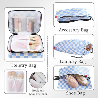 U+U 10 Set Compression Packing Cubes - Ultralight Travel Organizers with Laundry Bag and Cosmetic Bag, Space-Saving Suitcase Organizer for Travel, Business Trip and Family Vacation (Blue Checkered)