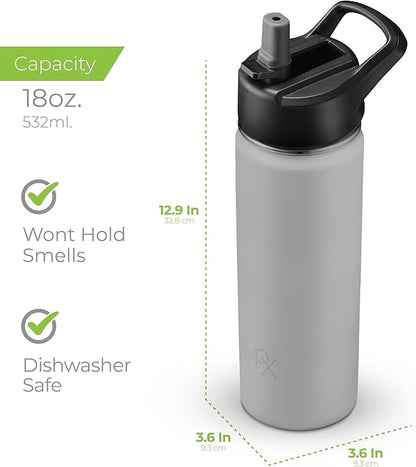 SipX™ Triple-Insulated Stainless Steel Water Bottle 18oz. With 3 Lids, BPA-Free Reusable Insulated Water Bottle Keeps Cold 24 Hours, (Grey)