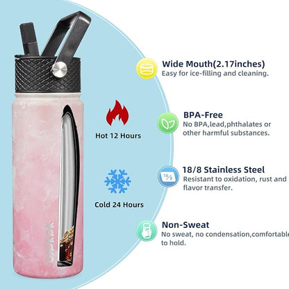 BJPKPK 2 Pack Insulated Water Bottles with Straw Lids, 22oz Stainless Steel Metal Water Bottle with 6 Lids, Leak Proof BPA Free Jugs, Cups, Flasks for Travel, Sports (Blossom+Ocean)