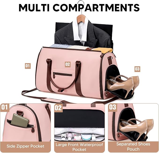 Garment Bag for Airplane Travel,Weekender Travel Bag for Women, 2 in 1 Convertable Garment Duffle Bag with Shoes Compartment Carry on Bag Hanging Garment Bag Travel with Shoulder Strap,Pink