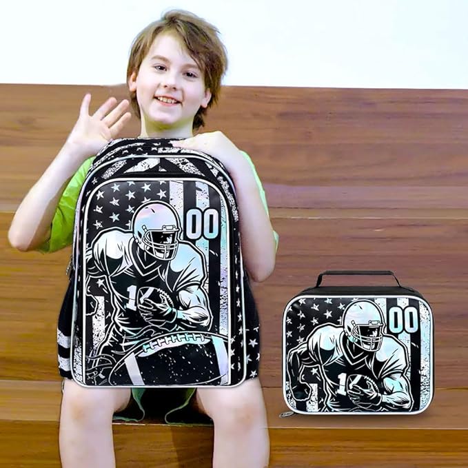 WZLVO 3PCS Rugby School Backpack, 17" Cool UV Printing Boys Football Bookbag/School Bag with Lunch Box & Pencil Bag for Elementary to Middle - Star-Spangled Rugby