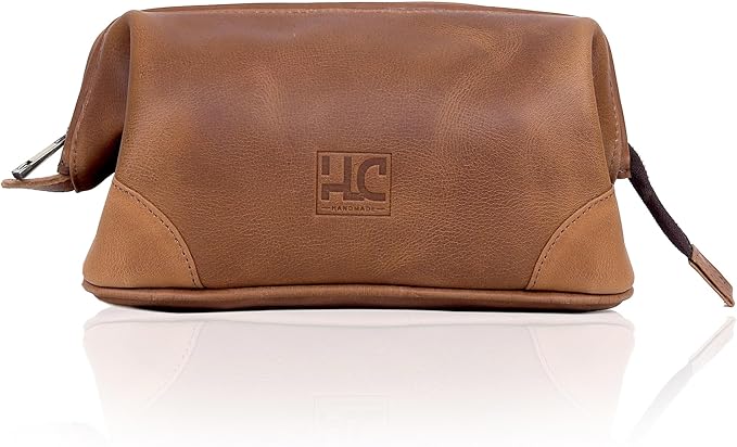 HLC Leather Toiletry Bag for Men Best Gift Premium Genuine Leather Dopp Kit Shaving Kit Organizer Travel Kit Pouch Bag for Men Large Size (TAN)