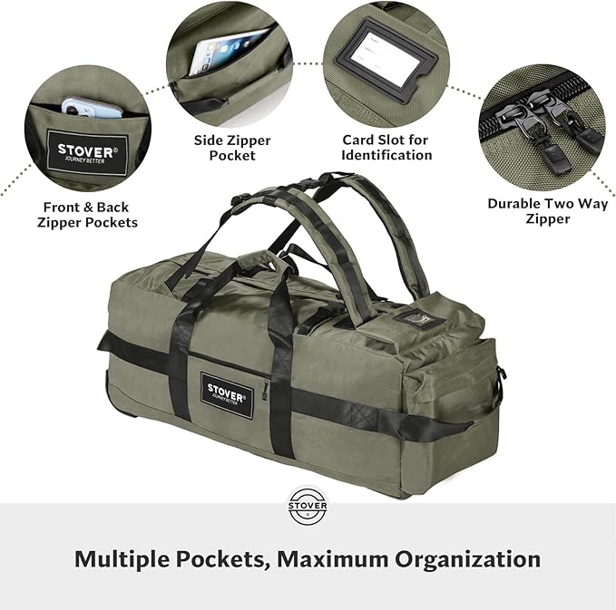 STOVER 80L Rolling Duffel Bag with Wheels, Large 31 Inch Durable Travel Duffle + Toiletry Bag, Heavy Duty, Packable, Foldable w/Shoulder Straps- Use as Luggage or Backpack, Men/Women (Green)