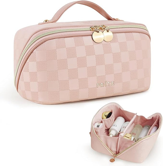Prite Makeup Bag for Women Travel Waterproof Vegan Leather Cosmetic Bag Open Flat Toiletry Bag With Clear Divider and Handle (Plaid Pink)