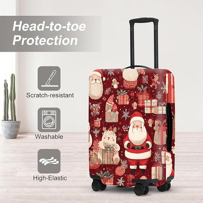 Allover Christmas Luggage Cover - Red Background with Santa, Gifts and Snowmen Pattern, Dense Holiday Design for 32 34 Inch Travel Bag
