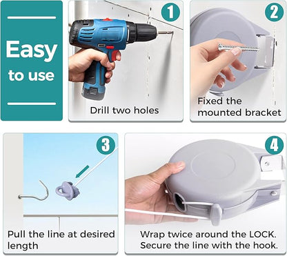 JS HANGER Retractable Clothesline Outdoor Indoor Laundry Line - 49 FT Single Lines Heavy Duty Wall Mounted Washing Line, Portable Clothes Drying Line with 24pcs Free Pegs