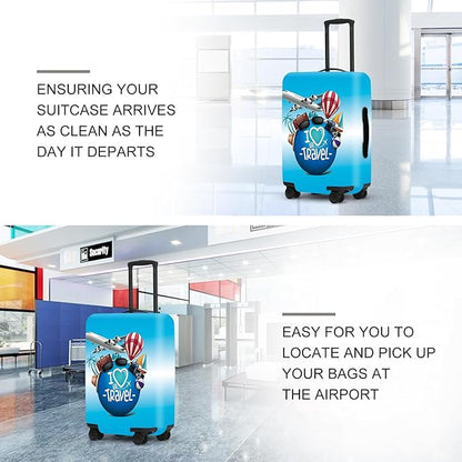 "I Love to Travel" Luggage Cover Set, Adventure Themed Suitcase Protector with Passport Stamp Prints, Elastic Fit for 18-32 Inch Bags, Wanderlust Gifts for Couples