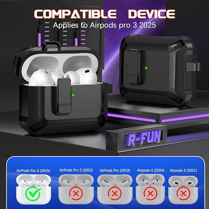 R-fun for AirPods Pro 3 Case (2025) Cover with Cleaning Kit, Military-Grade Heavy-Duty Drop-Resistant with Auto Pop-Up Lid for AirPods Pro 3rd Generation 2025 USB-C Charging Case, Black
