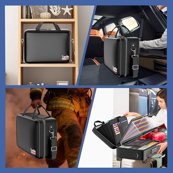 Tamfile Fireproof Document Box with Lock, Hard Case Fireproof Water Resistant File Organizer with 24 Colorful Pockets, Fire Safe Box for Important Documents, Valuables, Laptop, Passports (Black)