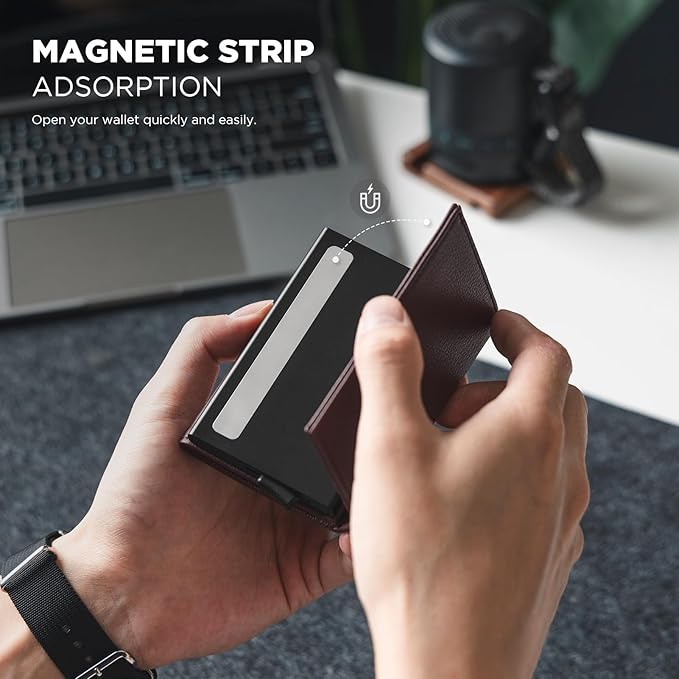 VULKIT Pop up Card Wallet Minimalist Cash Wallets RFID Blocking Leather Smart Credit Card Holder with ID window for Men