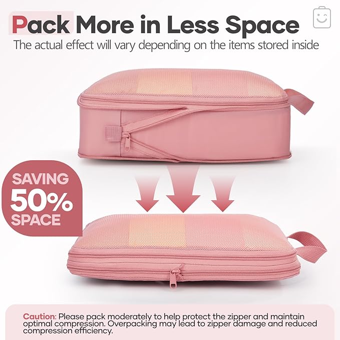 Veken 9/11 Set Compression Packing Cubes for Travel Essentials,Compressible Expandable Large Luggage Suitcase Organizer Bags for Clothing,Durable Space Saver Storage Bags with Toiletry Bags(Pink)