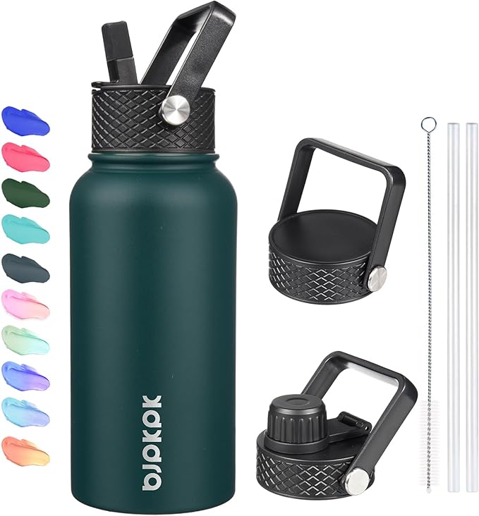 BJPKPK Insulated Water Bottles with Straw Lid, 27oz Stainless Steel Water Bottle with 3 Lids, Leak Proof BPA Free Metal Thermo, Mugs, Tumblers, Keep Cold Hot - Army Green