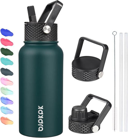 BJPKPK Insulated Water Bottles with Straw Lid, 27oz Stainless Steel Water Bottle with 3 Lids, Leak Proof BPA Free Metal Thermo, Mugs, Tumblers, Keep Cold Hot - Army Green