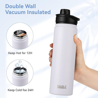 HASLE OUTFITTERS Insulated Water Bottle 22 oz Double Wall Stainless Steel Water Bottle Wide Mouth with Straw Lid & Spout Lid Keeps Cold or Hot(White,4)