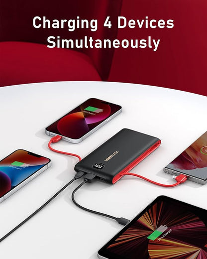 VEEKTOMX Portable Charger with Built in Cables 10000mAh, Power Bank for iPhone with AC Wall Plug, Fast Charging USB C Slim Battery Pack with LED Display Compatible with iPhone 17/16/15/14, Samsung