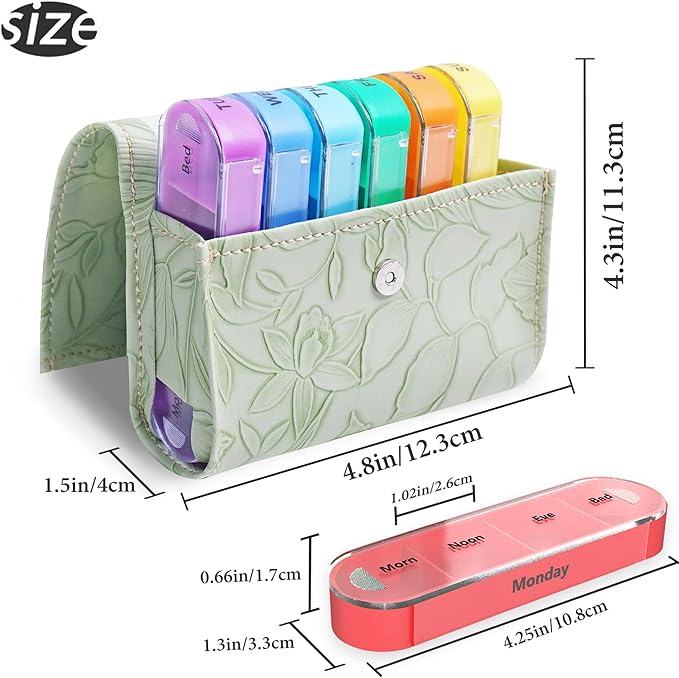 Pill Organizer,LIZIMANDU Weekly Travel Pill Case Box Medication Reminder Daily AM PM, Day Night 7 Compartments,for 4 Times A Day, 7 Days a Week-Includes Leather PU Carrying Case(1-Carved Green4)