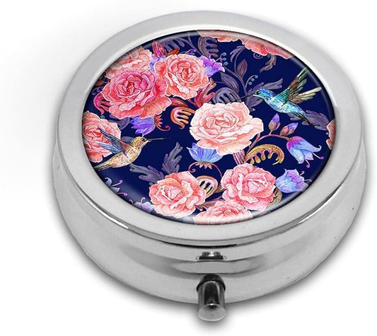 Pill Box,Flowers and Hummingbirds Round Pill Box 3 Compartment Decorative Pocket Purse Portable Mini Travel Medicine Tablet Vitamin Holder Organizer Pill Case