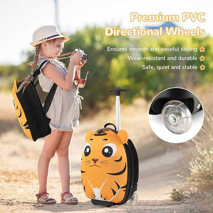 HONEY JOY Kids Luggage, 12” Children Hardshell Backpack & 16” Toddler Travel Rolling Suitcase, 2 Pcs Lightweight Carry On Luggage Set, Kids Luggage with Wheels for Girls & Boys(Orange Tiger)