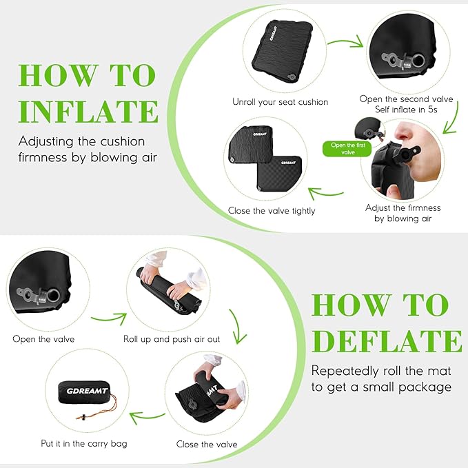 Inflatable Seat Cushion, Self-Inflating Memory Foam Stadium Seats Cushion Portable Camping Air-Foam Sitting Pad for Travel Airplane Car Bleachers Backpacking Office, Lightweight & Compact