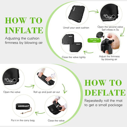 Inflatable Seat Cushion, Self-Inflating Memory Foam Stadium Seats Cushion Portable Camping Air-Foam Sitting Pad for Travel Airplane Car Bleachers Backpacking Office, Lightweight & Compact