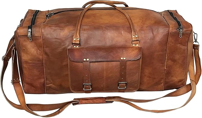 Leather 24 Inch Luggage Handmade Duffel Bag Carryall Weekender Travel Overnight Gym Sports Carry On Duffel Bag For Men And Women