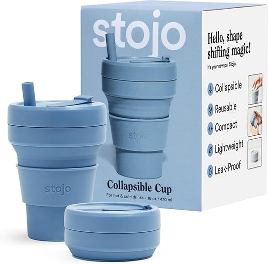 STOJO Collapsible Travel Cup With Straw - Steel Blue, 16oz / 470ml - Reusable To-Go Pocket Size Silicone Bottle for Hot and Cold Drinks - Perfect for Camping and Hiking - Microwave & Dishwasher Safe
