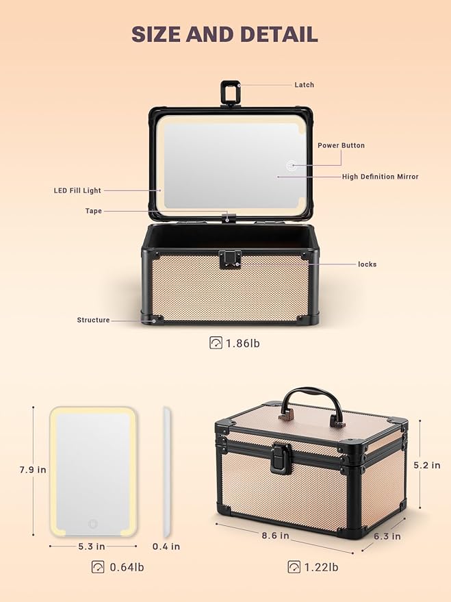 Qislee Makeup Box Mini with A Detachable Lighted Mirror, Waterproof Small Makeup Case,Cosmetic Organizer and Travel Train Case with Magnetic LED Mirror(Black Frame Rose Gold)