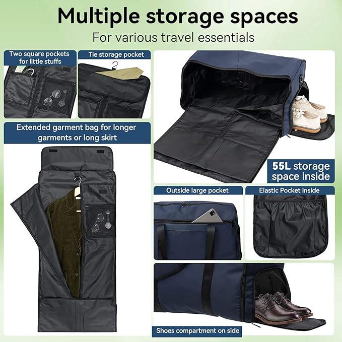 GARPROVM Garment Bags for Travel, 4 in 1 Convertible Garment Duffle Bags with Separated Suit Bag Shoe Compartment, Waterproof Carry On Luggage Bag Backpack Weekender Bag for Short Trip, Navy