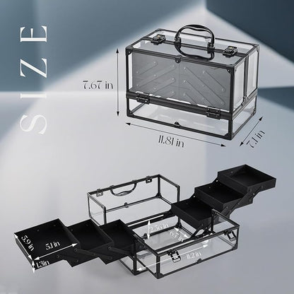 FRENESSA Portable Makeup Case Cosmetics Display Cases Toiletry Organizer Box Transparent Acrylic Artists Train Case with 6 Trays Travel Makeup Tools Storage for Vanity Counter Dresser Organizer Black