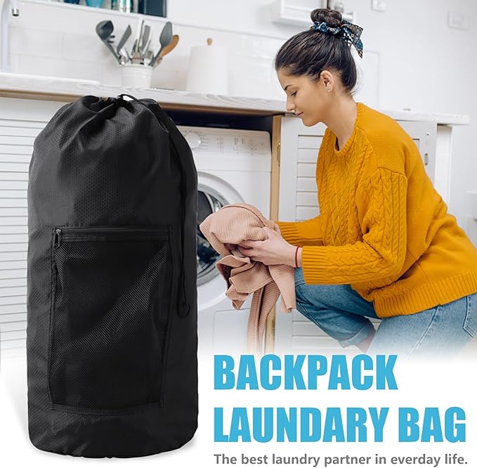 Laundry Bag Backpack,Olosar 2PCS Extra Large Travel Laundry Bag with Mesh Pocket & Adjustable Shoulder Straps,Dirty Clothes Travel Bag for College Students Dorm,Apartment(Black)