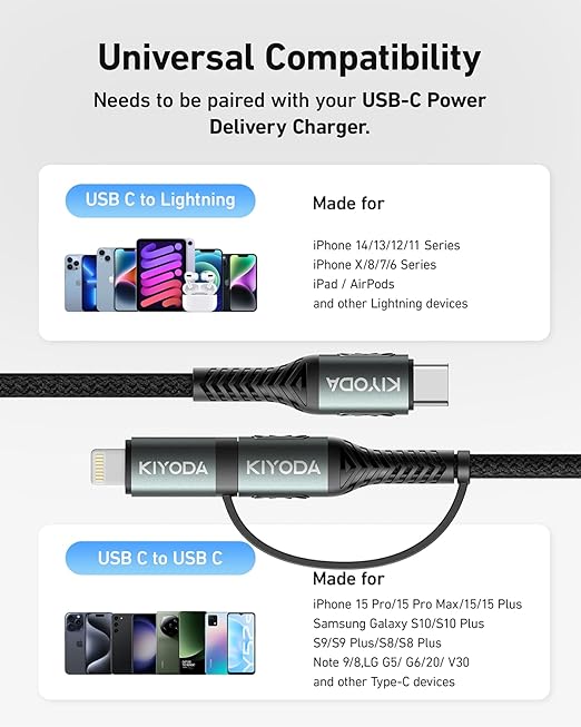 Coiled USB C to Lightning Cable 3FT, 2 in 1 iPhone 15 Charger Cord for Car Nylon Braided Multi Type C to TypeC Fast Charging Cables for iPhone 17 16 15 14 13 12 11 iPad, Samsung Galaxy Sony - 1Pack