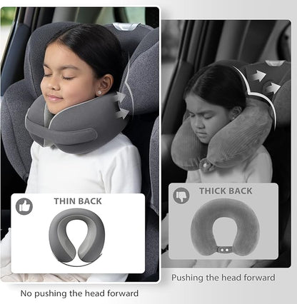 Car Pillow for Little Kids Travel Neck Pillows, Memory Foam Neck Support Travelling Pillow with Washable Cotton Pillowcases and Storage Bag, for Airplane, Train, Flight and Home Use Grey
