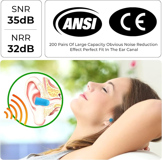 200Pairs Foam Earplugs, 32dB Disposable Noise Reduction Ear Plugs, Hearing Protection Bulk Ear Plugs for Shooting Range, Work, Travel,Concert