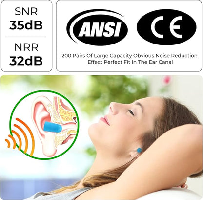 200Pairs Foam Earplugs, 32dB Disposable Noise Reduction Ear Plugs, Hearing Protection Bulk Ear Plugs for Shooting Range, Work, Travel,Concert