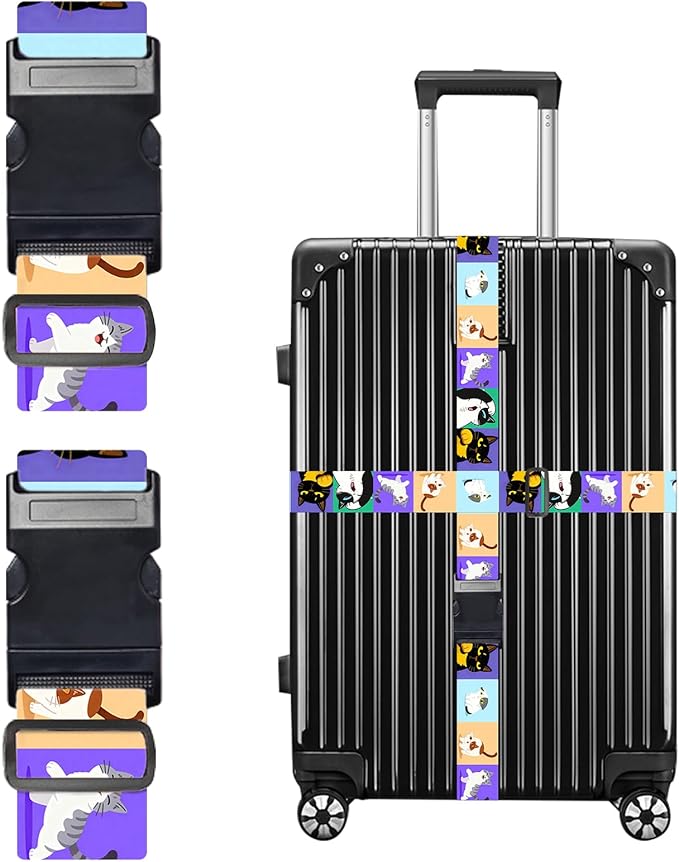 Nuxovilar Luggage Straps of 2 Set Cartoon Cats Pattern, 1.96x90.5 inches - Luggage Straps for Suitcases, Perfect for Pet Lovers, Family Trips, Casual Travel