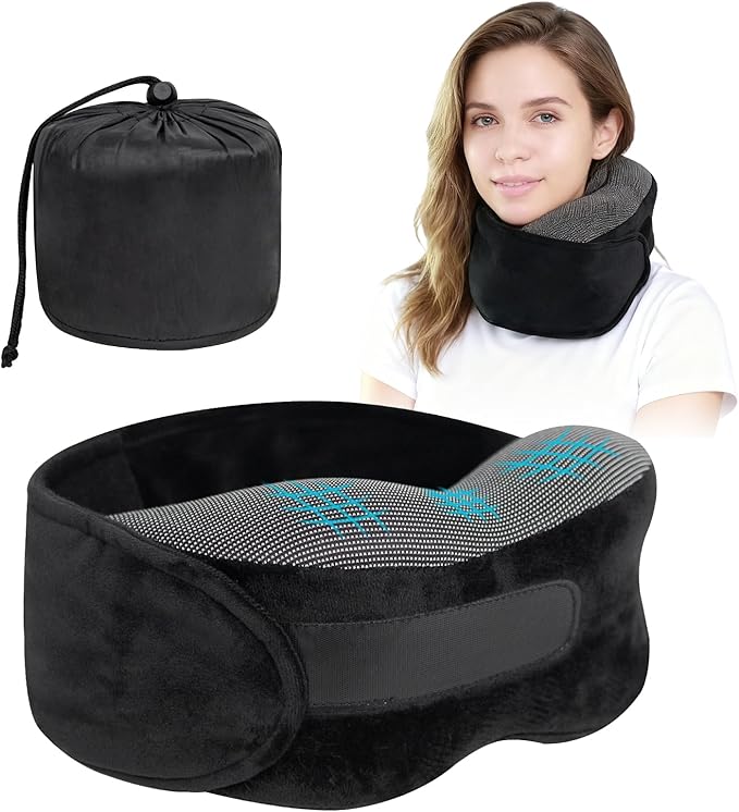 Memory Foam Neck Pillow for Airplane Travel - Ergonomic Support for Long Flights, Car Rides, Office & Home Use - Includes Contoured Eye Mask & Head Support - Adjustable Sizes M-L (Black)