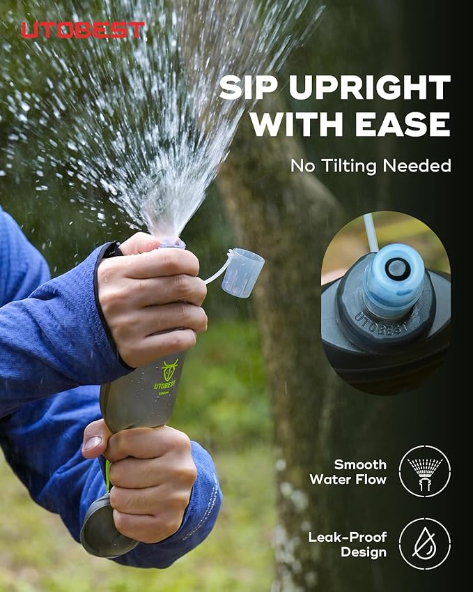 500ml Soft Flask, 2 Pack Flexible TPU Hydration Water Bottle, Collapsible with 28mm Caliber for Running, Hiking, Cycling, Climbing, and Marathon Green