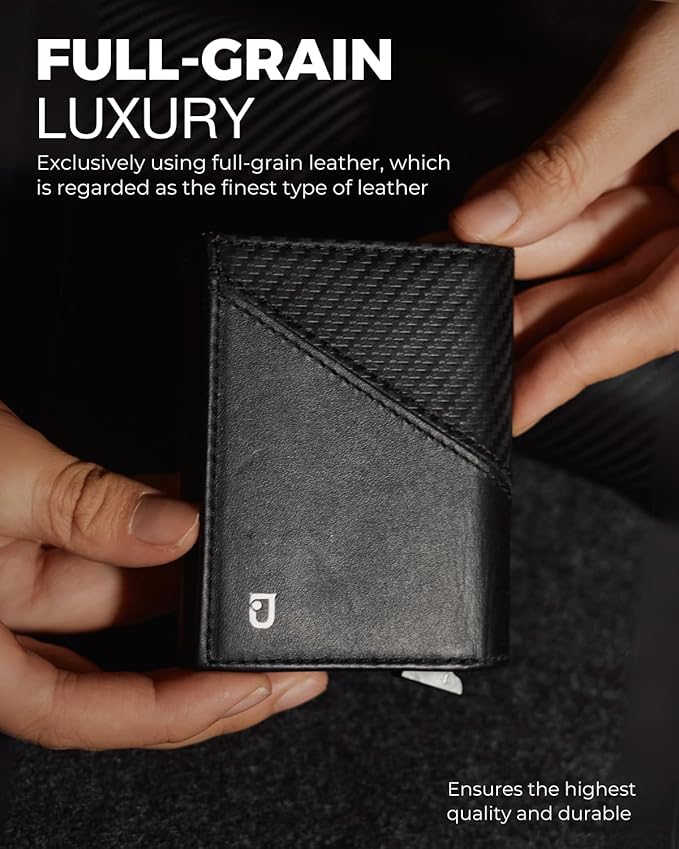 Jenoss Smart Wallet For Men: Full Grain Leather, Handcrafted, Slide Metal Pop Up Case, Slim RFID Blocking Credit Card Holder, Minimalist Compact 12 Cards Slot Organizers ID Money Clip (Black & Carbon)