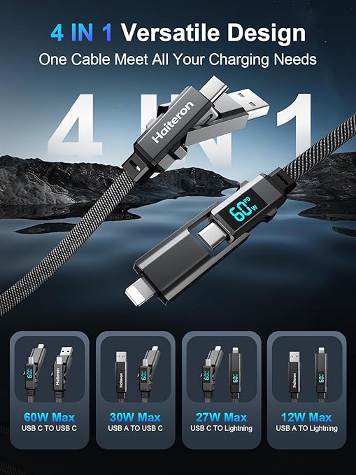 4 in 1 Charging Cable 60W, USB C Fast Charging iPhone Charger Cord Flat Braided Combo USB A/C to C/L Cable with LED Display,Multi Charging Cord for iPhone 16/15,MacBook,iPad,3FT