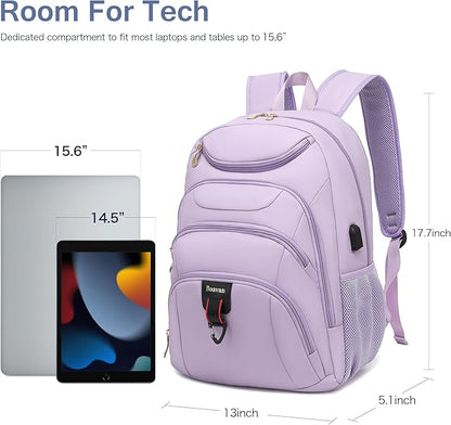 Boavan Laptop Backpack for women, 15.6inch Laptop Bag with USB Port, Waterproof Travel Work Backpack Purse, Anti-Theft Teacher Nurse Doctor Casual Bookbags Office Business backpack，Purple